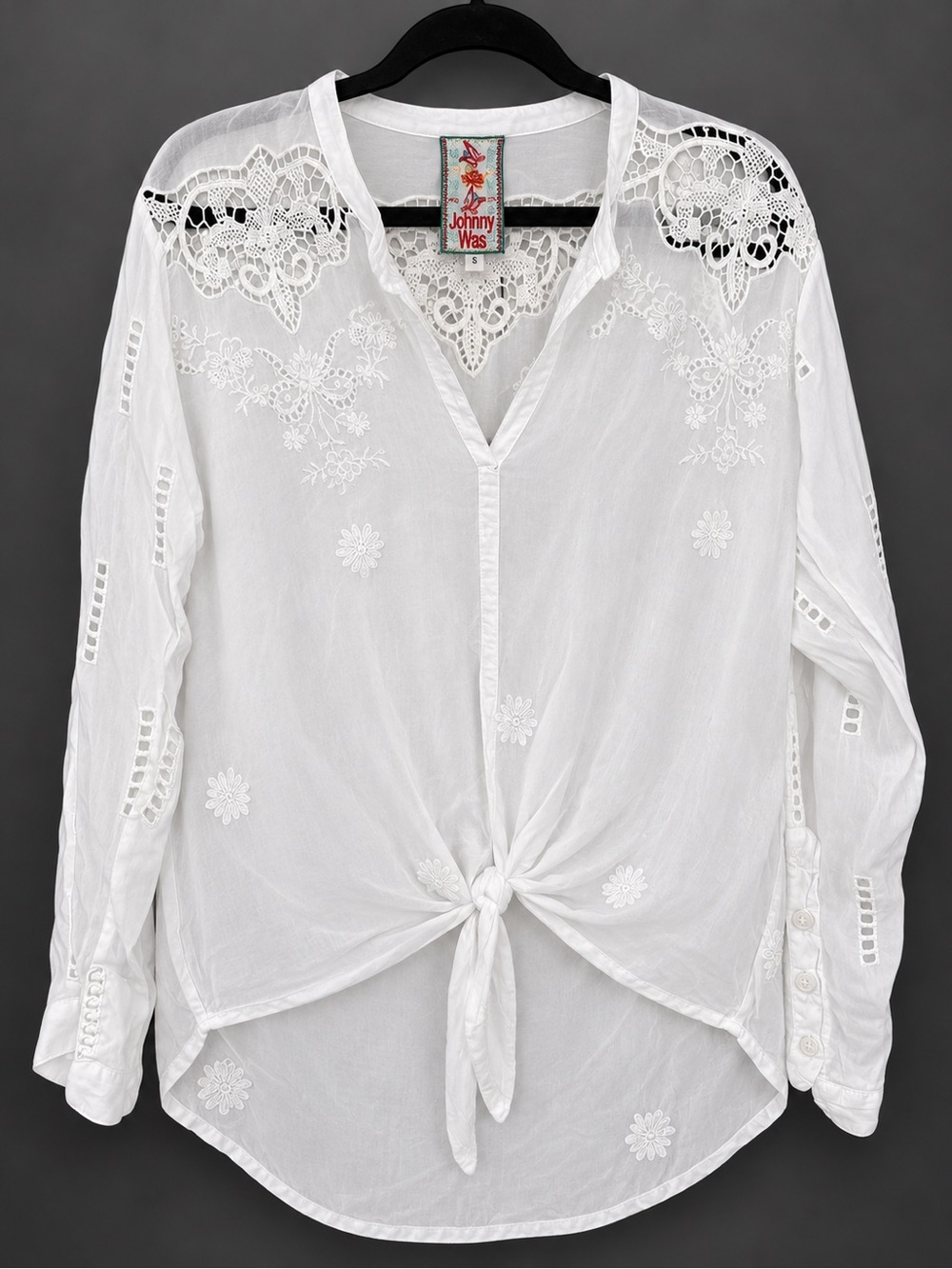 Johnny Was White Crochet-Embroidered Tie-Front Tunic